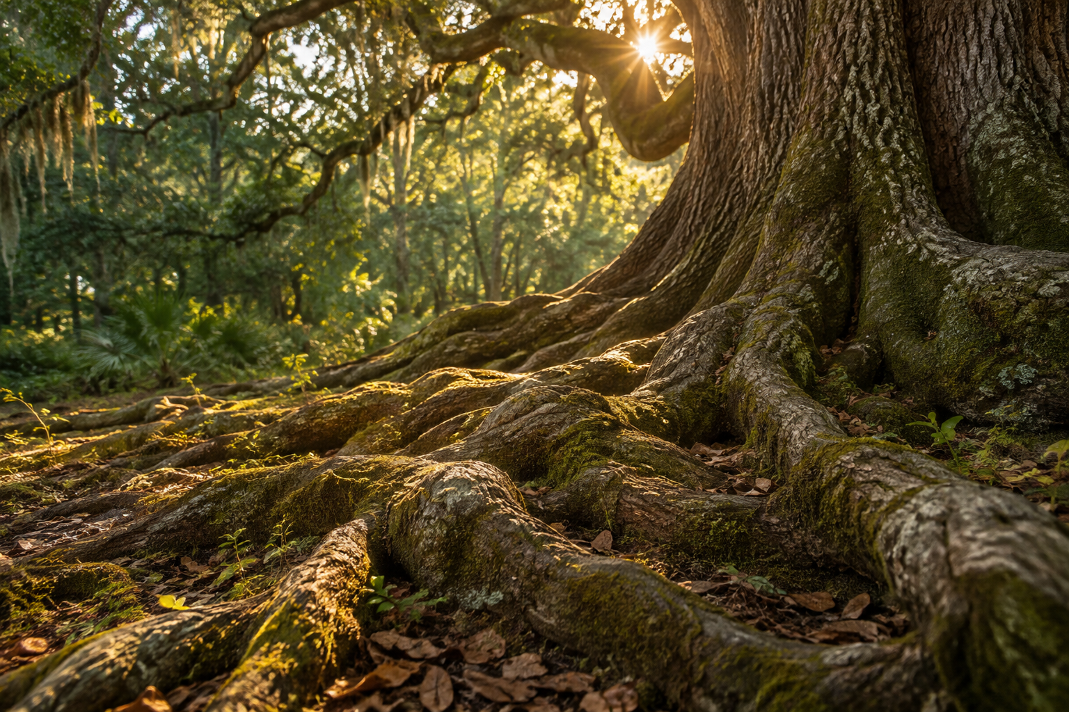 Warm sunlight illuminating the roots of an old tree